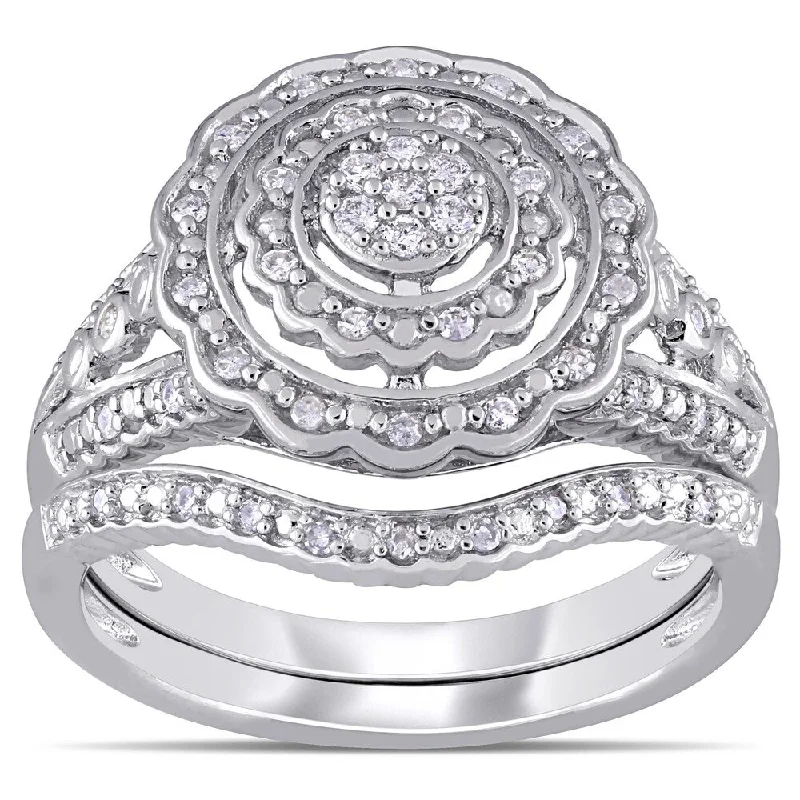 Miadora Sterling Silver 1/4ct TDW Diamond Double Floral Halo Bridal Ring Set