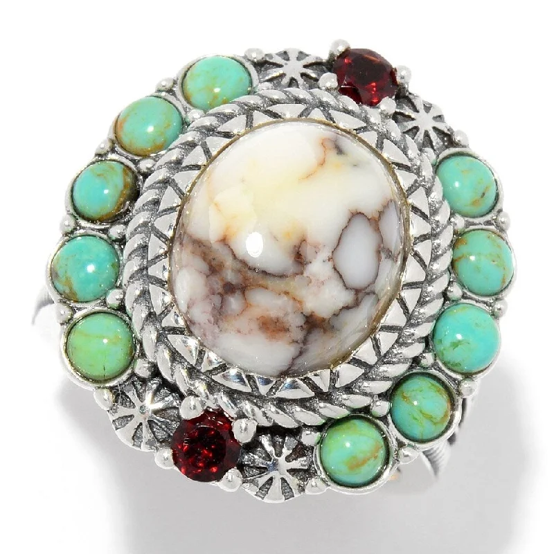 925 Sterling Silver Red Garnet, Wild Horse,Tyrone Turquoise Ring