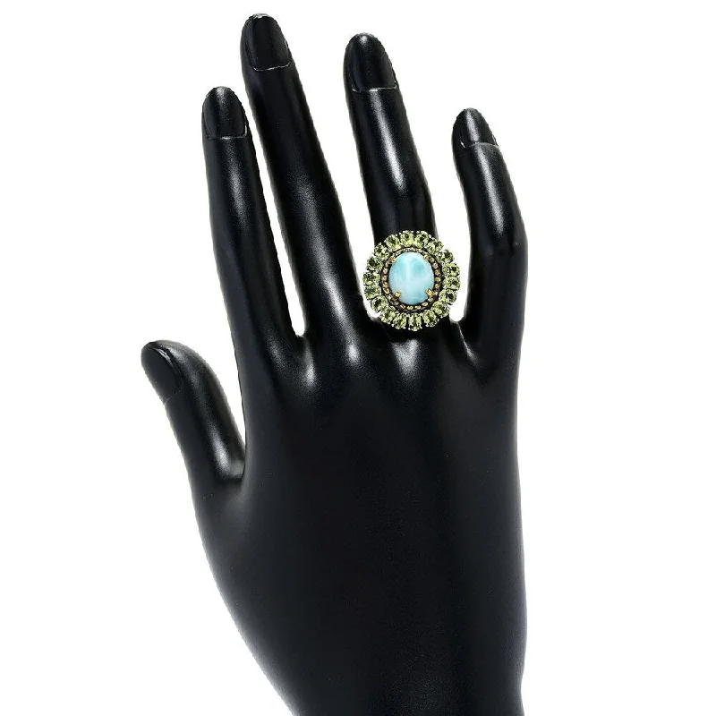 Sterling Silver 12 x 10mm Oval Larimar & Peridot Halo Ring