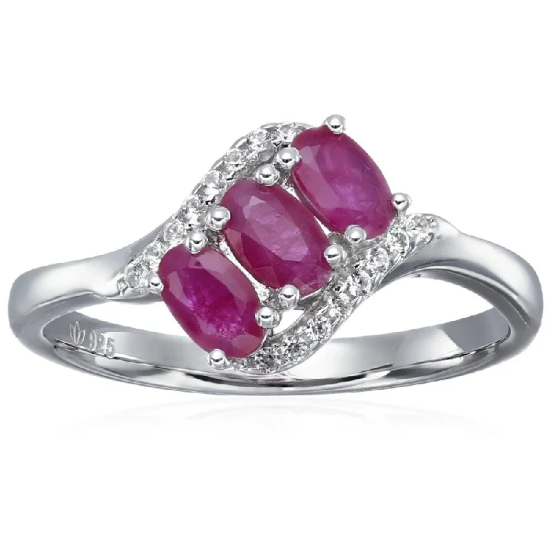 Sterling Silver Genuine Ruby & Created White Sapphire 3-stonet Ring, Size 7 - Red