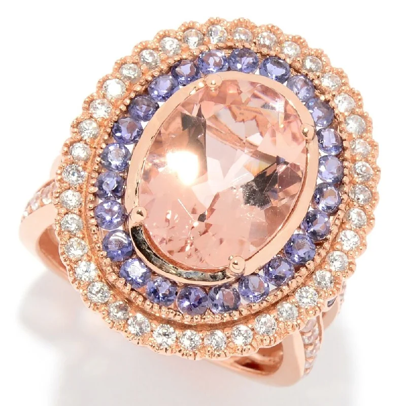 14K Rose Gold Oval Morganite & Iolite Double Halo Ring