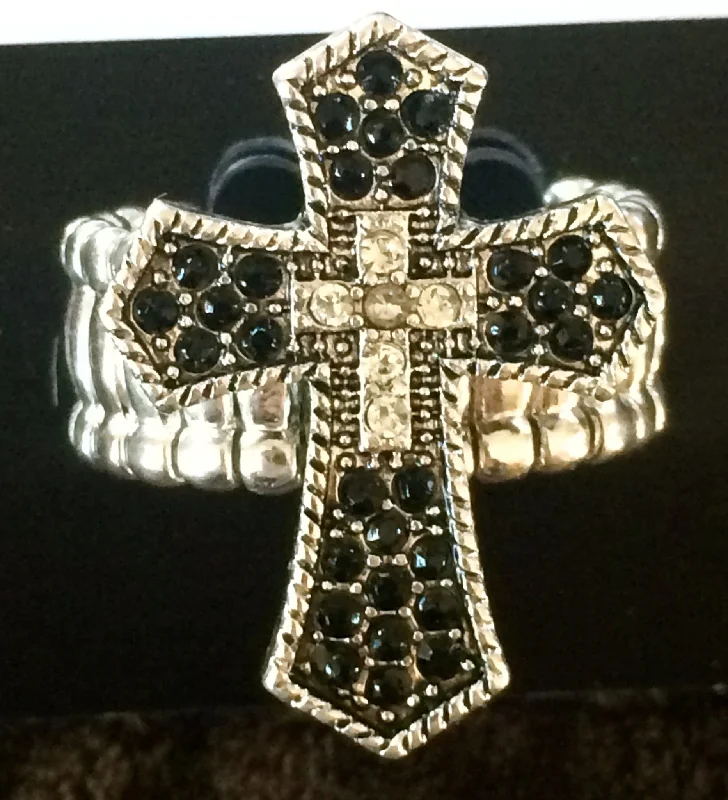 Black & Silver Stretch Cross Ring