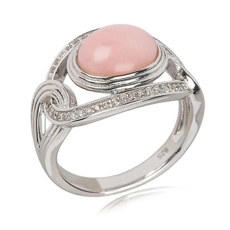 925 Sterling Silver Pink Opal and White Zircon Solitaire Ring