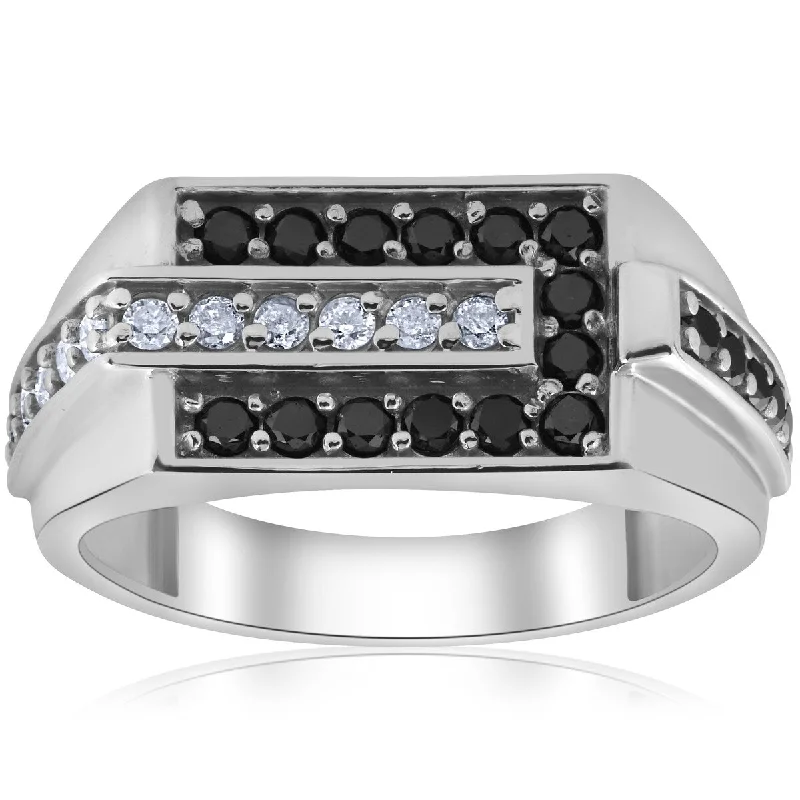 Mens 5/8ct Black & White Diamond Wedding Ring 10k White Gold