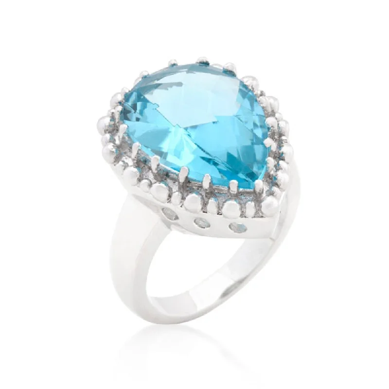 Solitaire Blue Topaz Cocktail Ring With Rhodium Shiny Plated