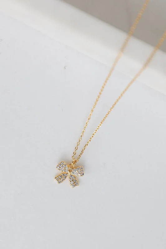 Eleanor Gold Rhinestone Bow Charm Necklace