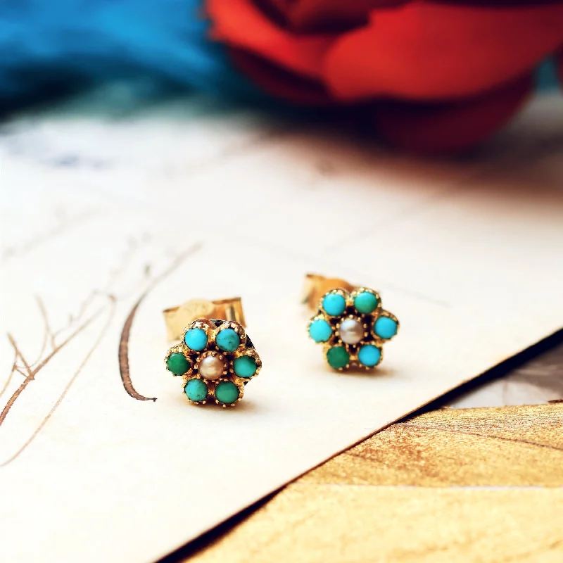 Antique Turquoise & Seed Pearl Forget Me Not Earrings