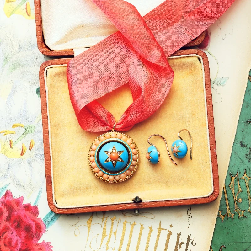 Antique Victorian Coral, Enamel and Diamond Locket & Earrings