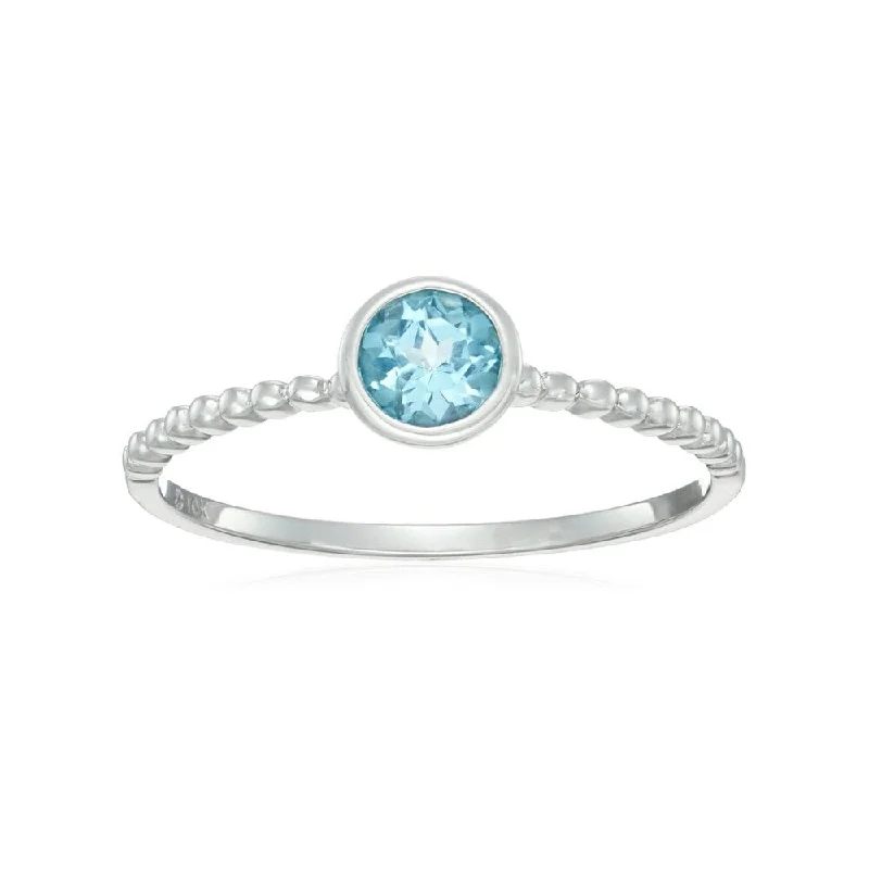 10k White Gold Swiss Blue Topaz Solitaire Beaded Stackable Ring