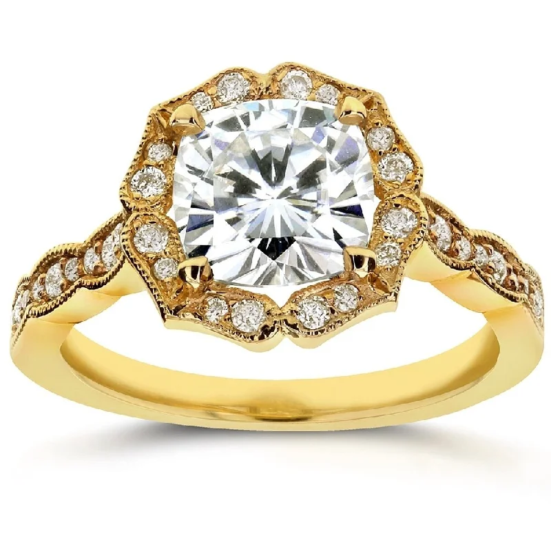 Annello by Kobelli 14k Yellow Gold 2ct TGW Cushion-cut Moissanite and Diamond Antique Floral Engageement Ring