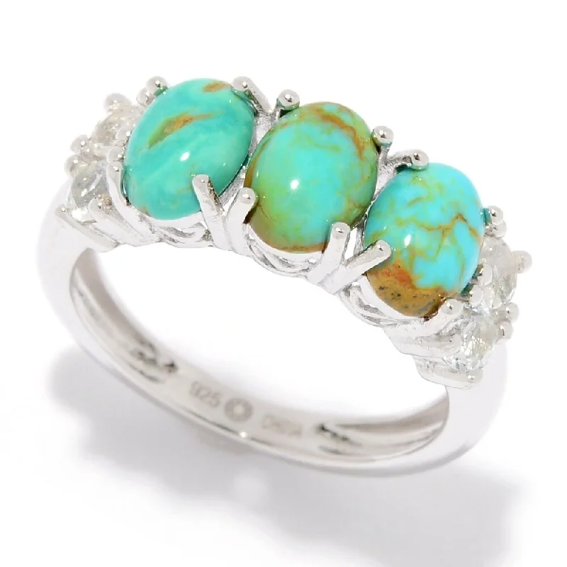 925 Sterling Silver Tyrone Turquoise and White Topaz 3-Stone Ring