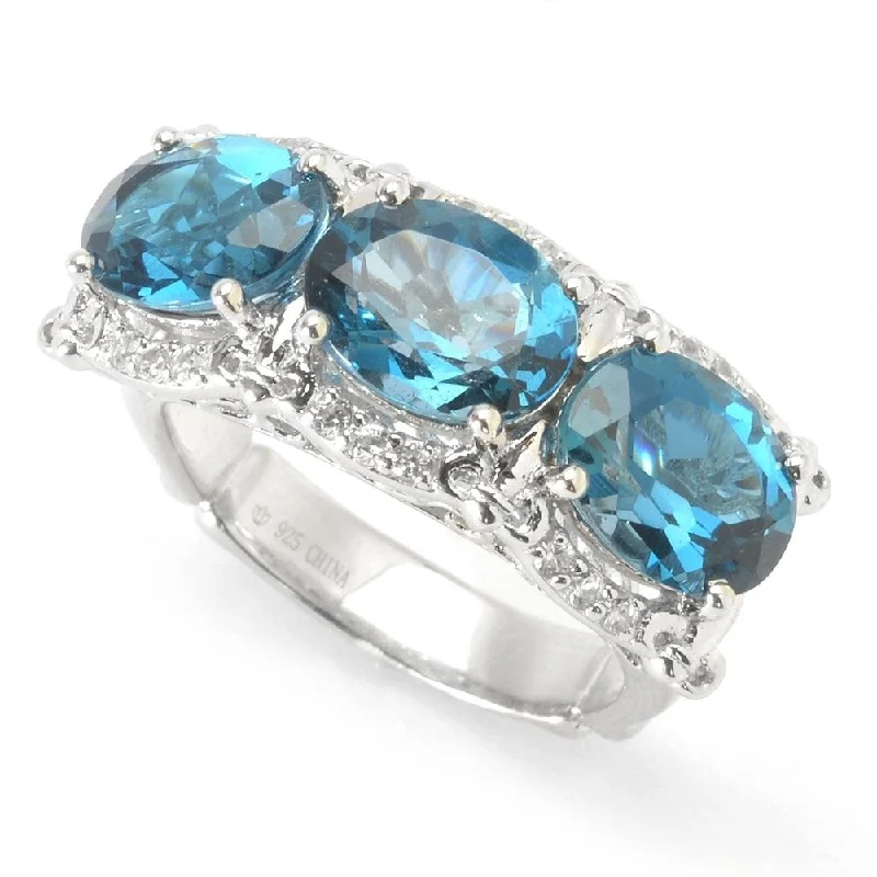 Sterling Silver Oval London Blue Topaz & White Zircon East-West Ring