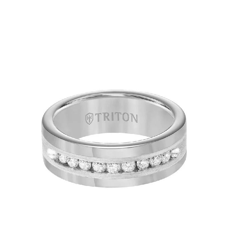 8MM Tungsten Diamond Ring - Channel Set Silver Satin Finish Inlay and Round Edge