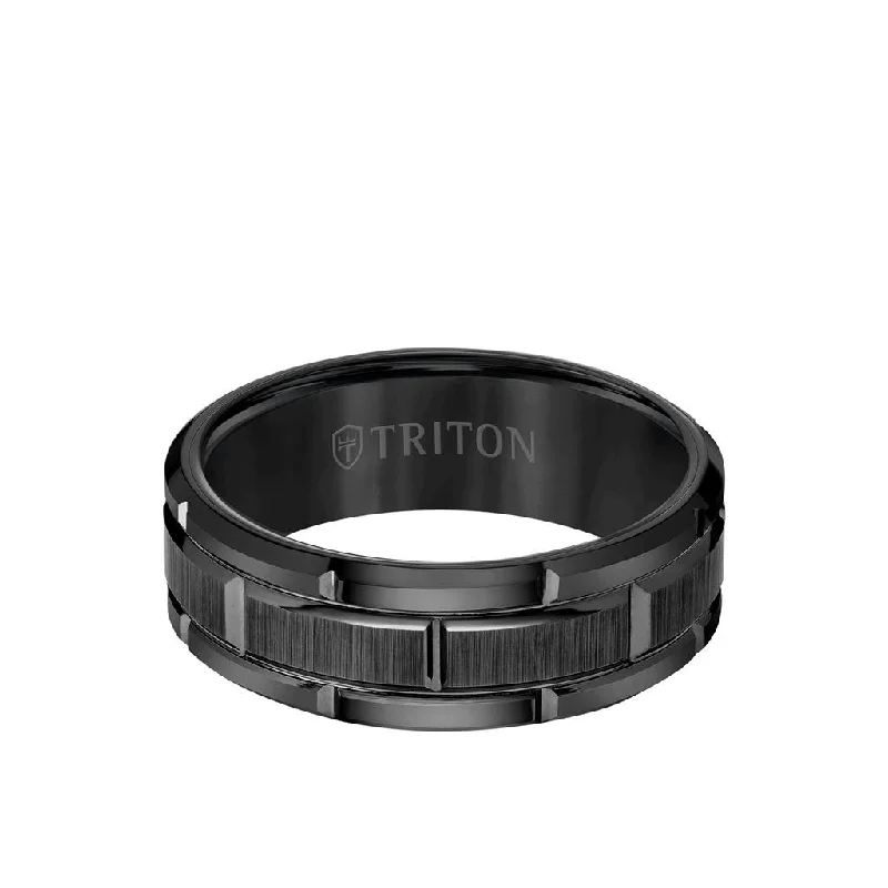 8MM Tungsten Carbide Ring - Brick Pattern Center and Flat Edge