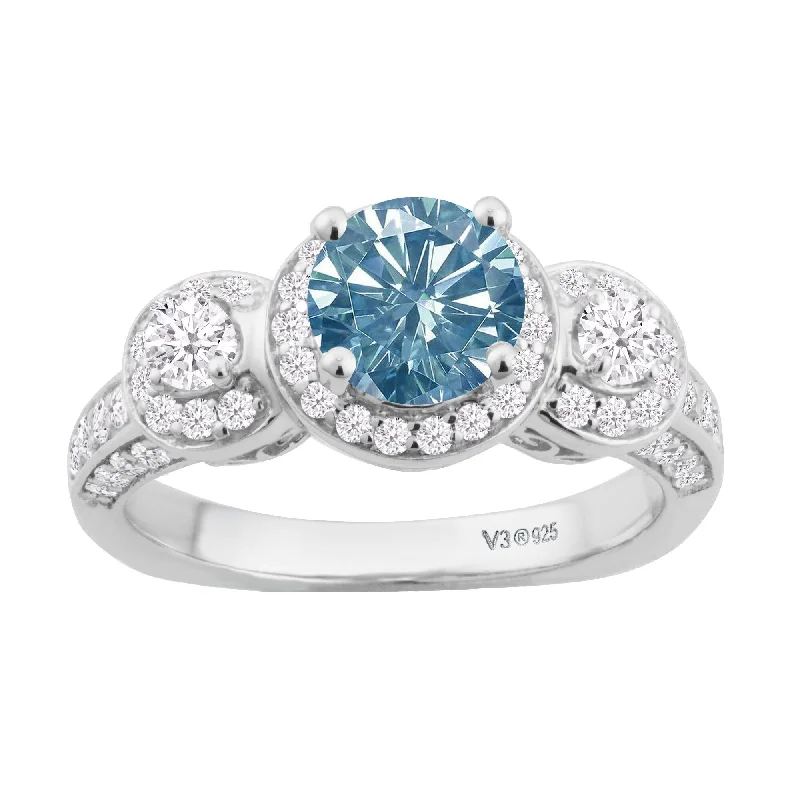 Sterling Silver with Blue Moissanite & White Diamond Three Stone Ring