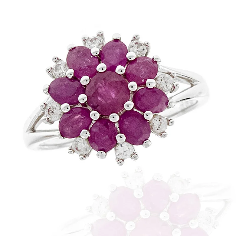 925 Sterling Silver African Ruby and White Zircon Gemstone Flower Ring