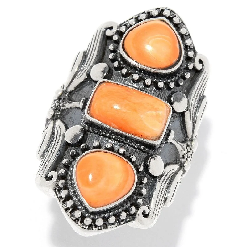 Sterling Silver Orange Spiny Oyster 3-Stone Shield Ring