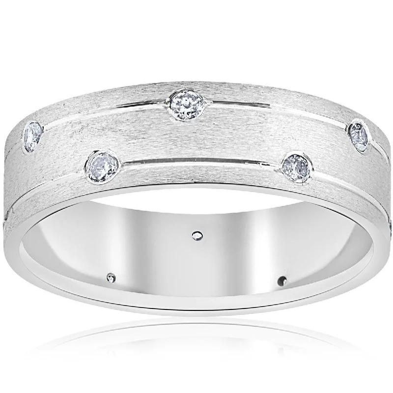 Mens 14k White Gold Diamond Comfort Fit Wedding Ring Band 6MM