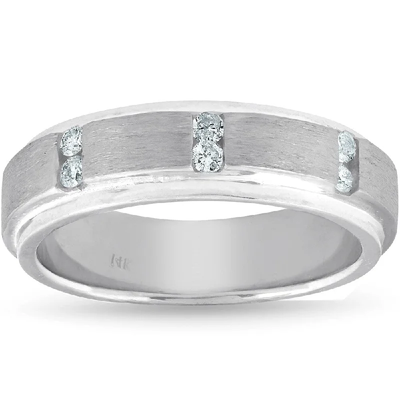 Pompeii3 14k White Gold 1/8 Ct TDW Diamodn Mens Brushed Wedding Ring