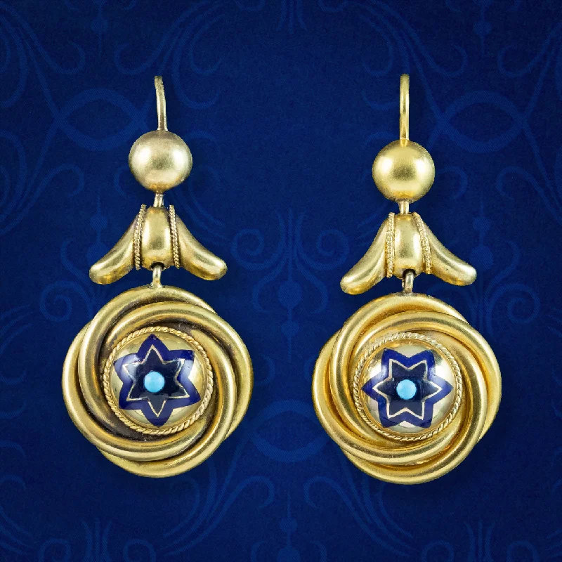 Antique Victorian Etruscan Enamel Love Knot Drop Earrings