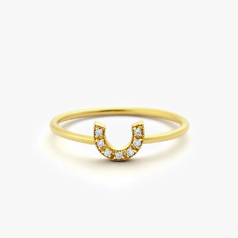 14K Horseshoe Ring with Round Cut White Diamonds