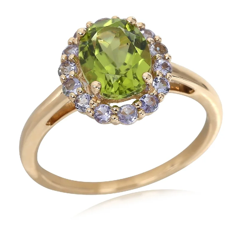 14Kt Yellow Gold Peridot and Tanzanite Gemstone Halo Ring