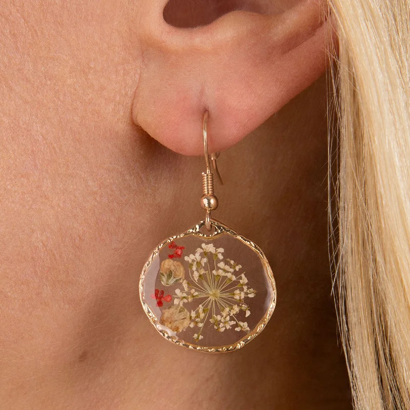 Red Pressed Flower Drop Earrings: Flower dangle earrings