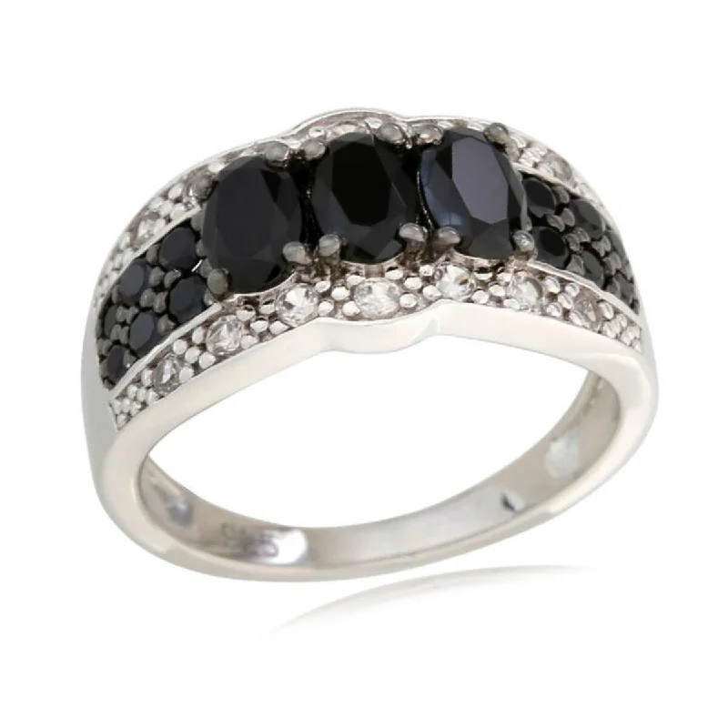 925 Sterling Silver Black Spinel and White Natural Zircon Ring