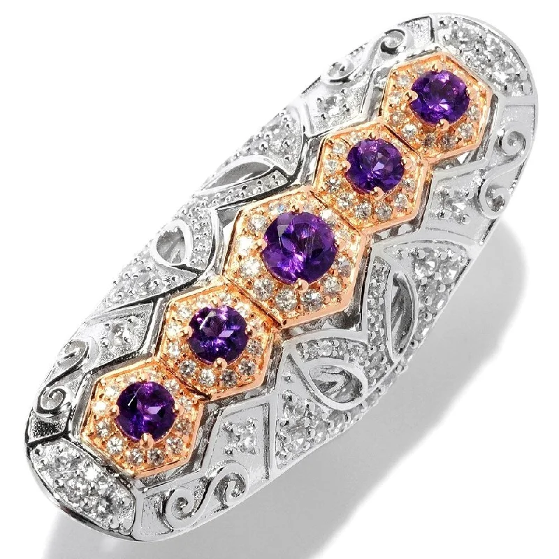 Amethyst & White Zircon Cut-out Scrollwork Elongated Ring