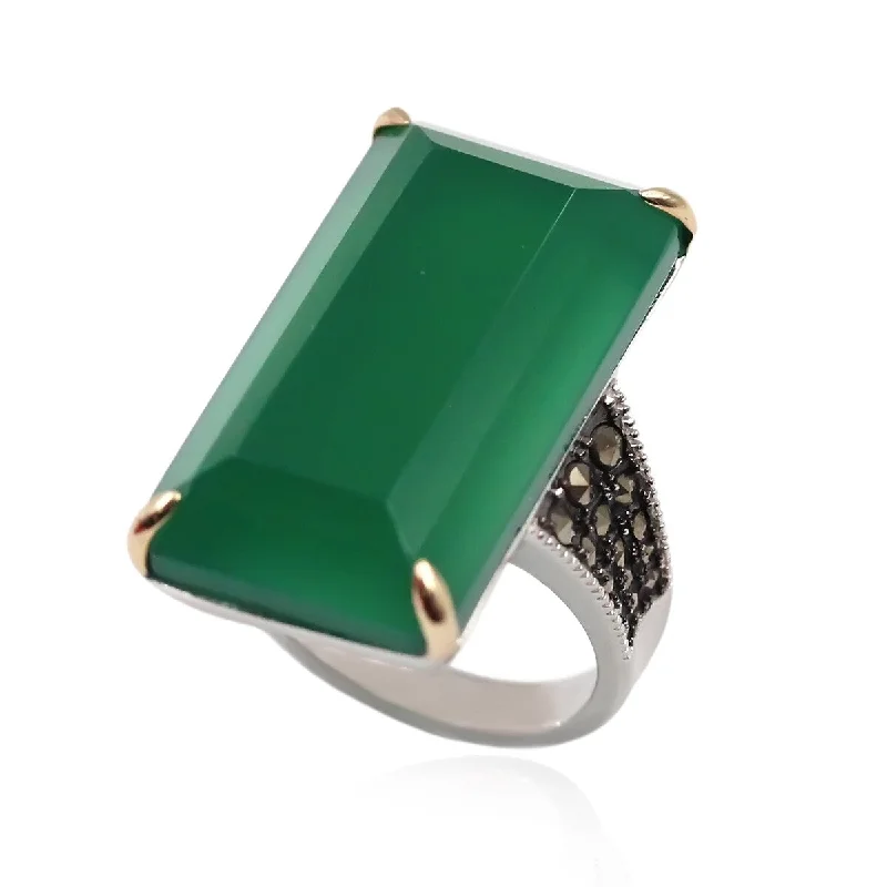 14k Gold and Sterling Silver Agate and Marcasite Ring