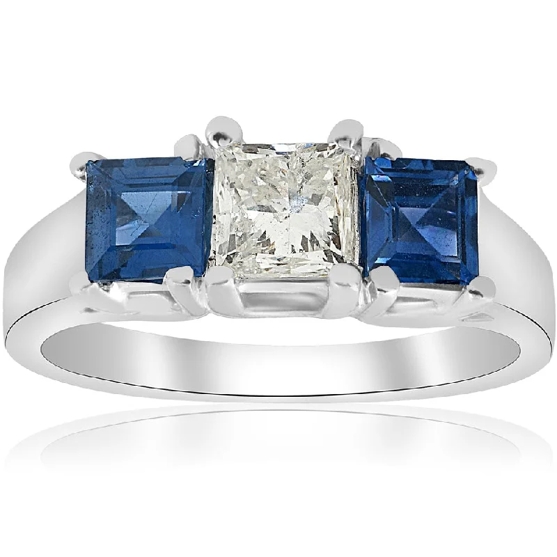 14K White Gold 1 1/2ct Princess Cut Diamond & Blue Sapphire 3 Stone Ring