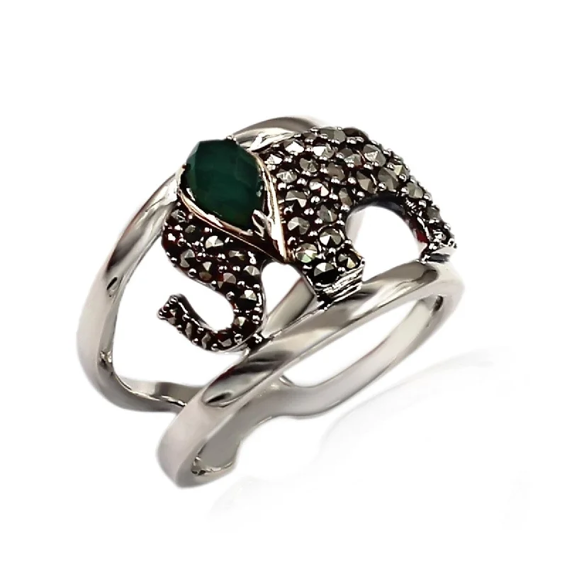 14k Gold and Sterling Silver Green Agate Marcasite Ring