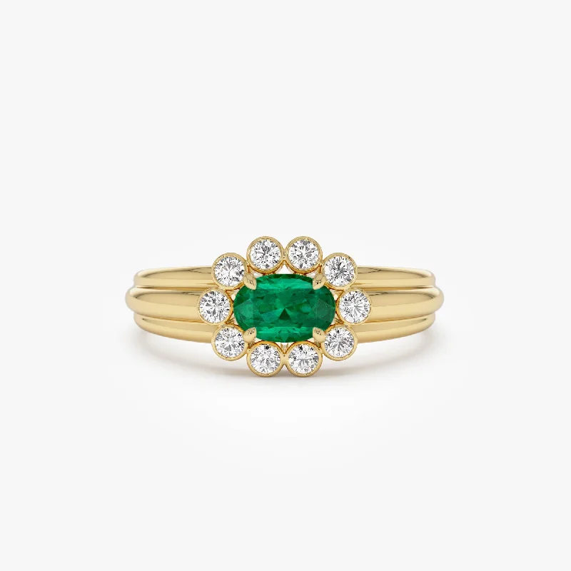 14k Oval Shaped Emerald with Bezel Hale Setting Ring