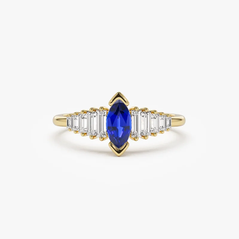 14k Gold Marquise Shape Sapphire  Ring with Baguette Accents