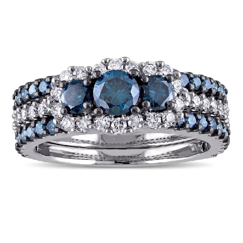 Miadora Signature Collection 10k White Gold 2ct TDW Blue and White Diamond 3-stone Bridal Ring Set