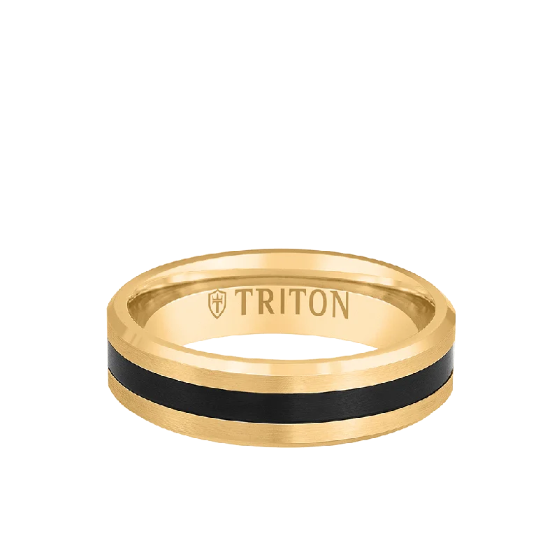 6MM 14k Gold Ring + Black Titanium Thin Flat Inlay with Bevel Edge