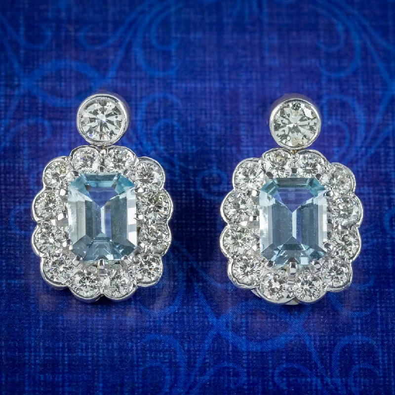 Edwardian Style Aquamarine Diamond Earrings 18ct Gold 2.50ct Aquas