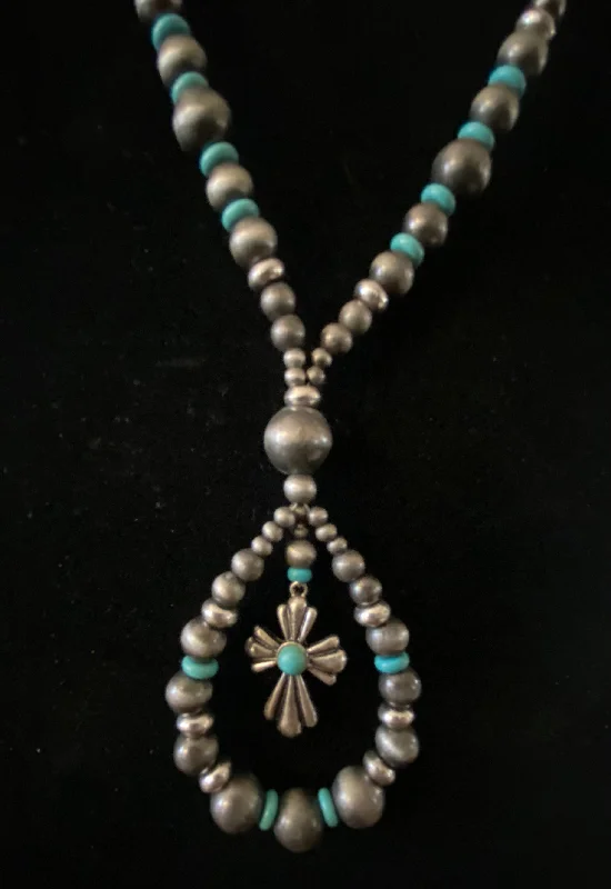 Grey and Turquoise Beaded Necklace w/ cross