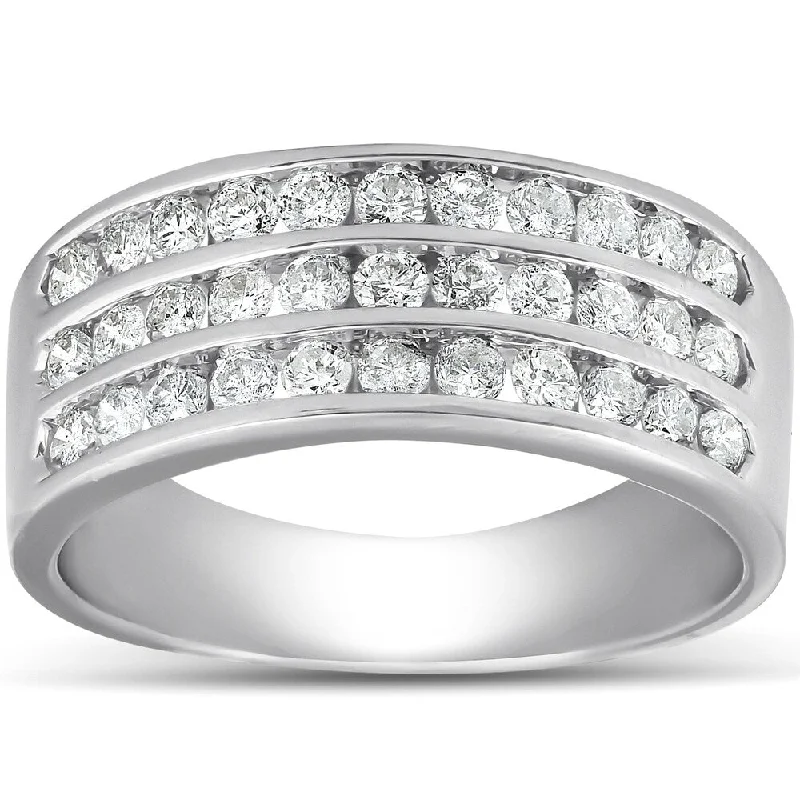 Pompeii3 10k White Gold 1 Ct TDW Diamond Three Row Channel Set Wedding Ring Womens Anniversary Band