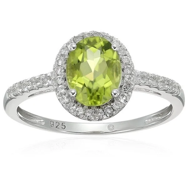 Sterling Silver Oval Peridot, White Topaz Ring - Green