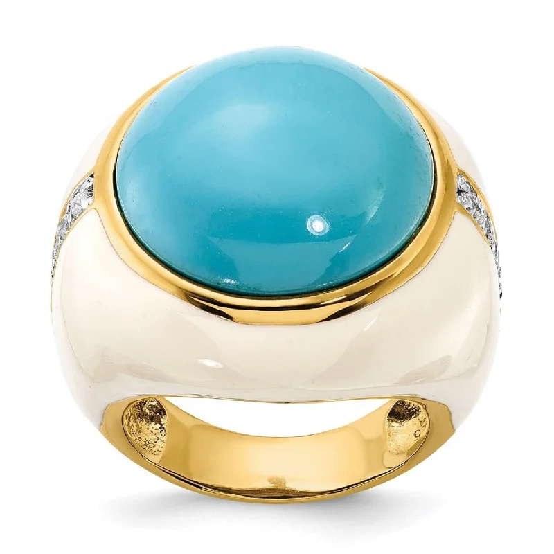 Curata Gold Plated 925 Sterling Silver Wht Enam Simulated Turquoise and Cubic Zirconia Ring