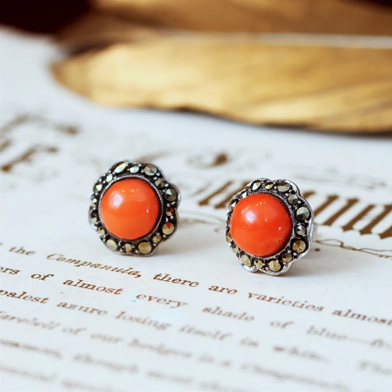 Vintage Mid Century Coral & Marcasite Stud Earrings