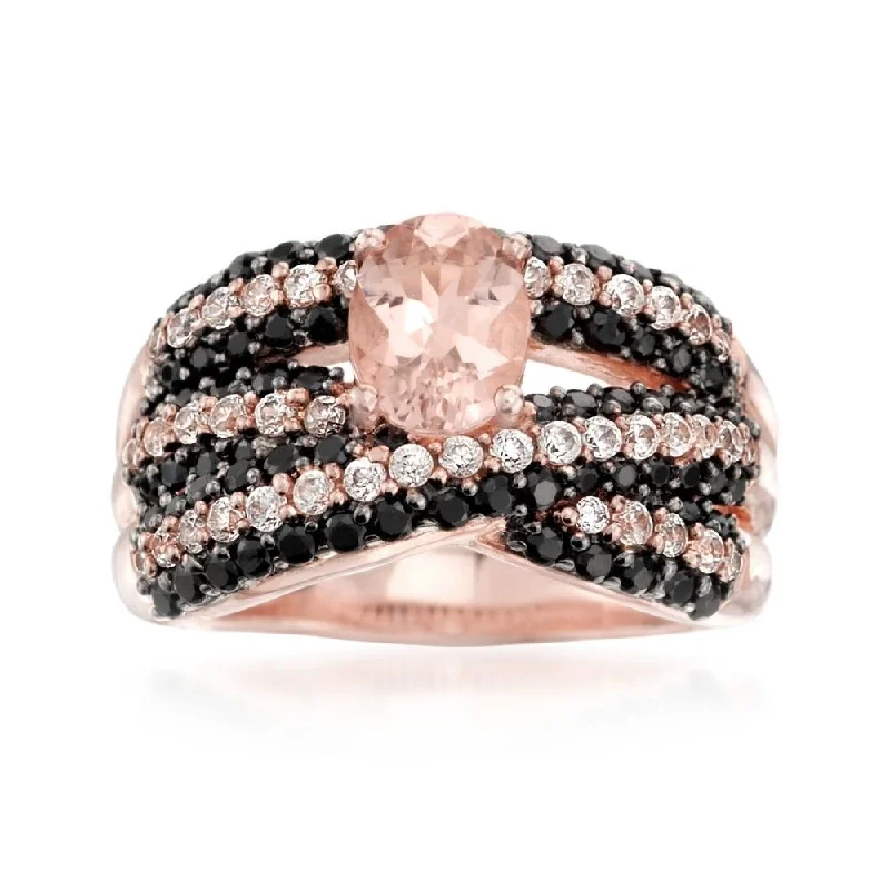 Rose Gold Vermeil Over Sterling Silver Black Spinel,Morganite,White Natural Zircon Ring