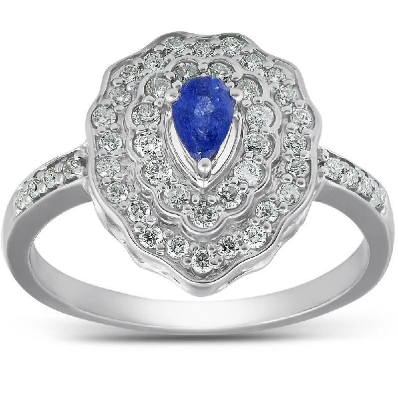 Pompeii3 10k White Gold 3/4 Ct TDW Genuine Blue Sapphire Pear Shape Halo Vintage Ring