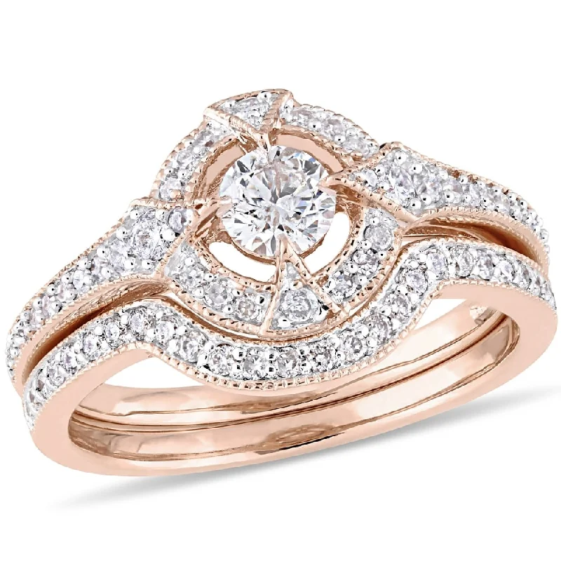 Miadora 10k Rose Gold 3/4ct TDW Diamond Halo Vintage Wedding Ring Set