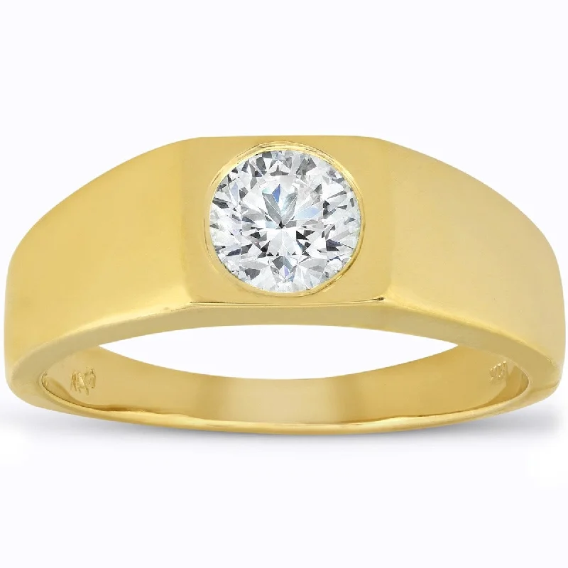 Mens 1 ct Round Solitaire Diamond Wedding Ring 14k Yellow Gold