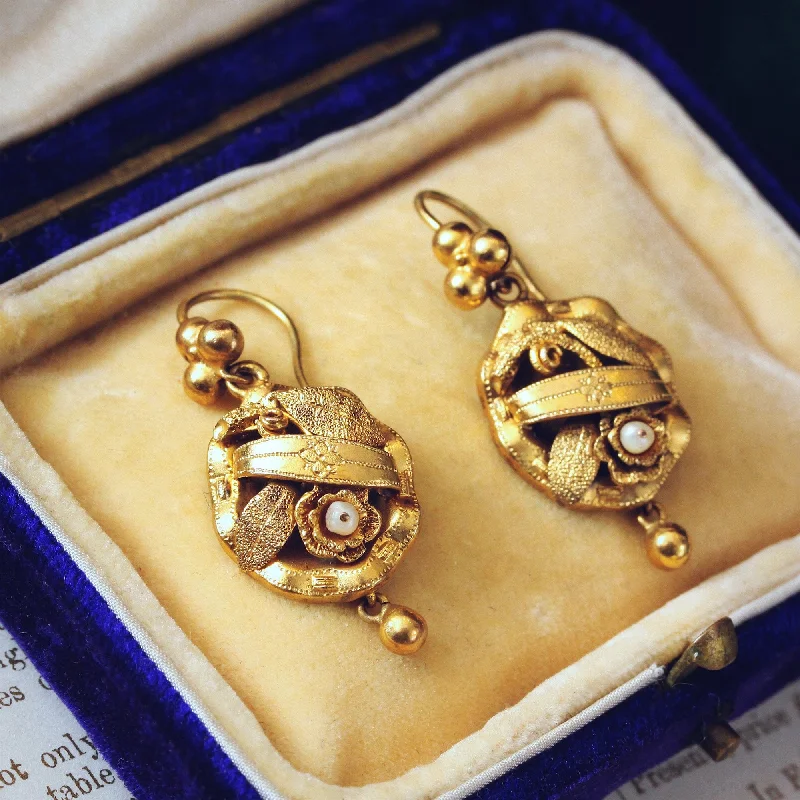 Adorable Circa 1860's Floral Pinchbeck Drop Earrings