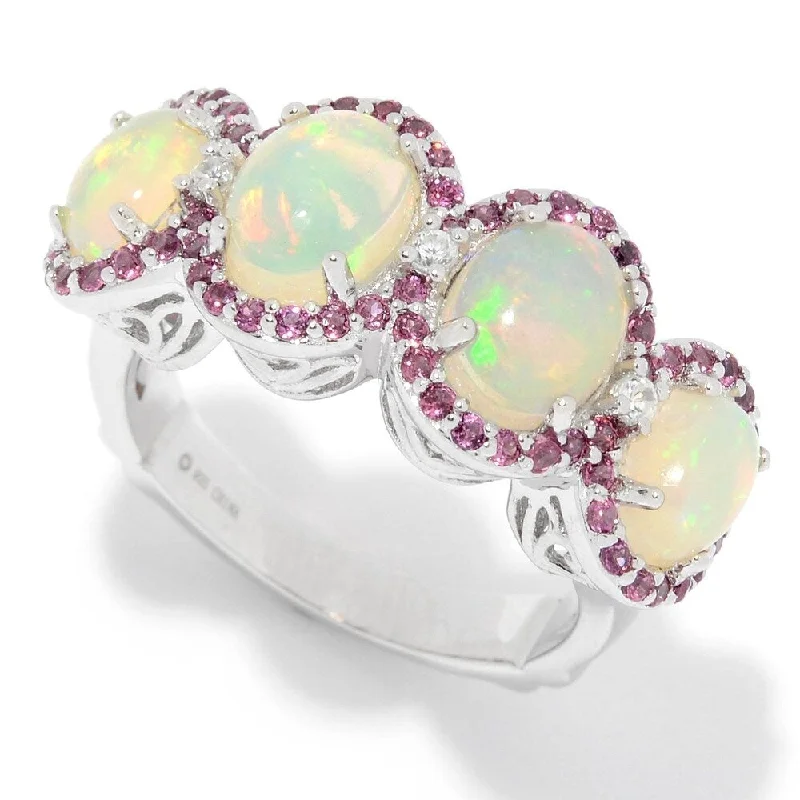 Sterling Silver Ethiopian Opal, Rhodolite & White Zircon Halo Ring