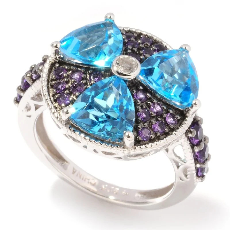 Sterling Silver 4.62Ctw Swiss Blue Topaz, African Amethyst Cluster Ring