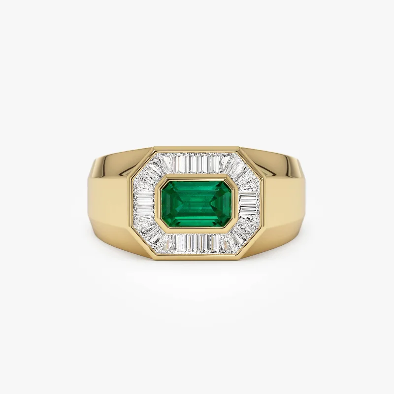 14k Octagon Shape Baguette Diamond Emerald Ring